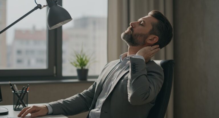 Man doing gentle neck stretches in his office chair