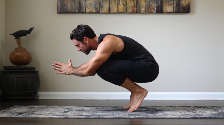 Man practicing a yoga crow pose variation indoors on a mat