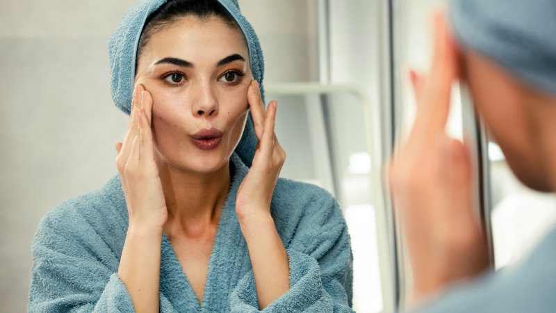 Woman doing face yoga in front of a mirror to enhance skincare product absorption