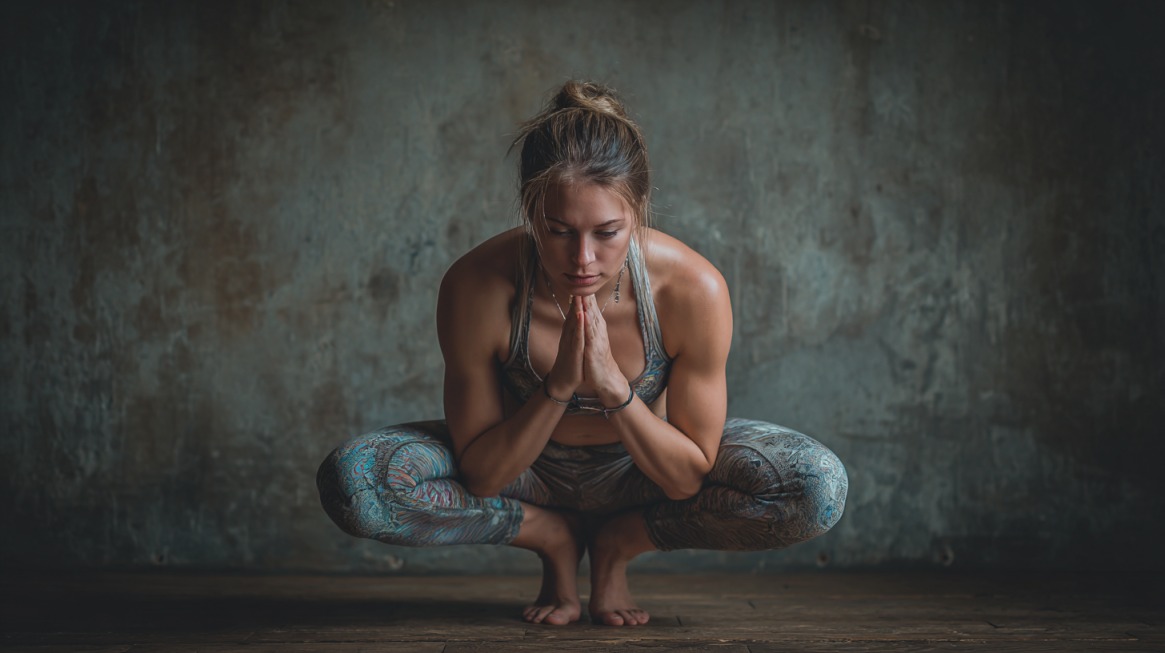 Woman in garland pose, squatting with hands in prayer position, practicing yoga indoors.