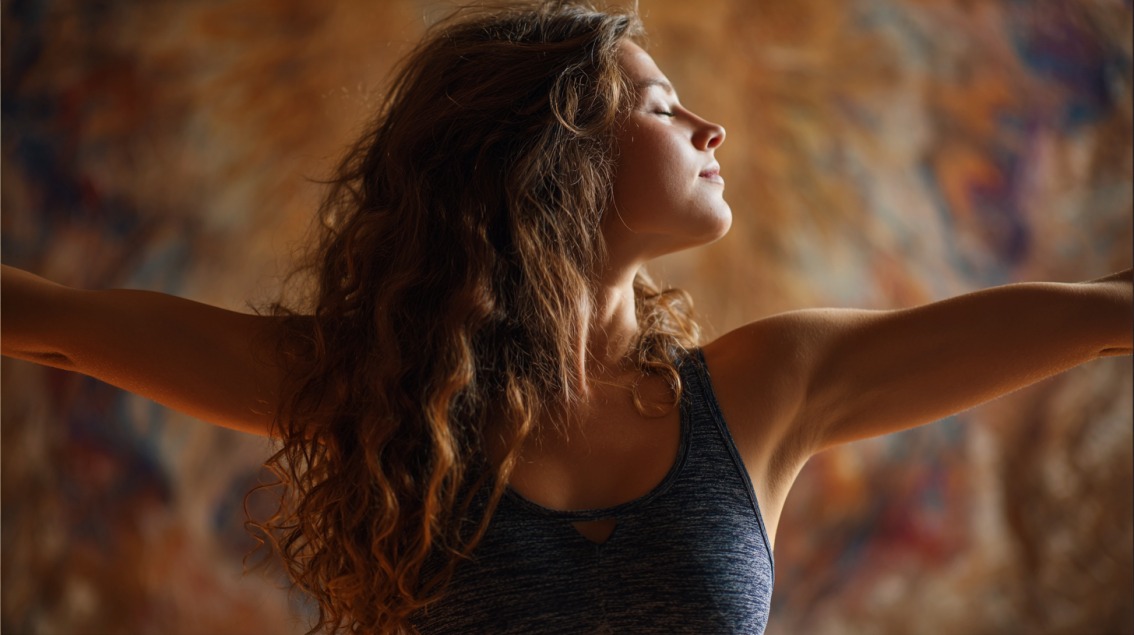 A woman with closed eyes extending her arms in a yoga practice, symbolizing calmness and balance