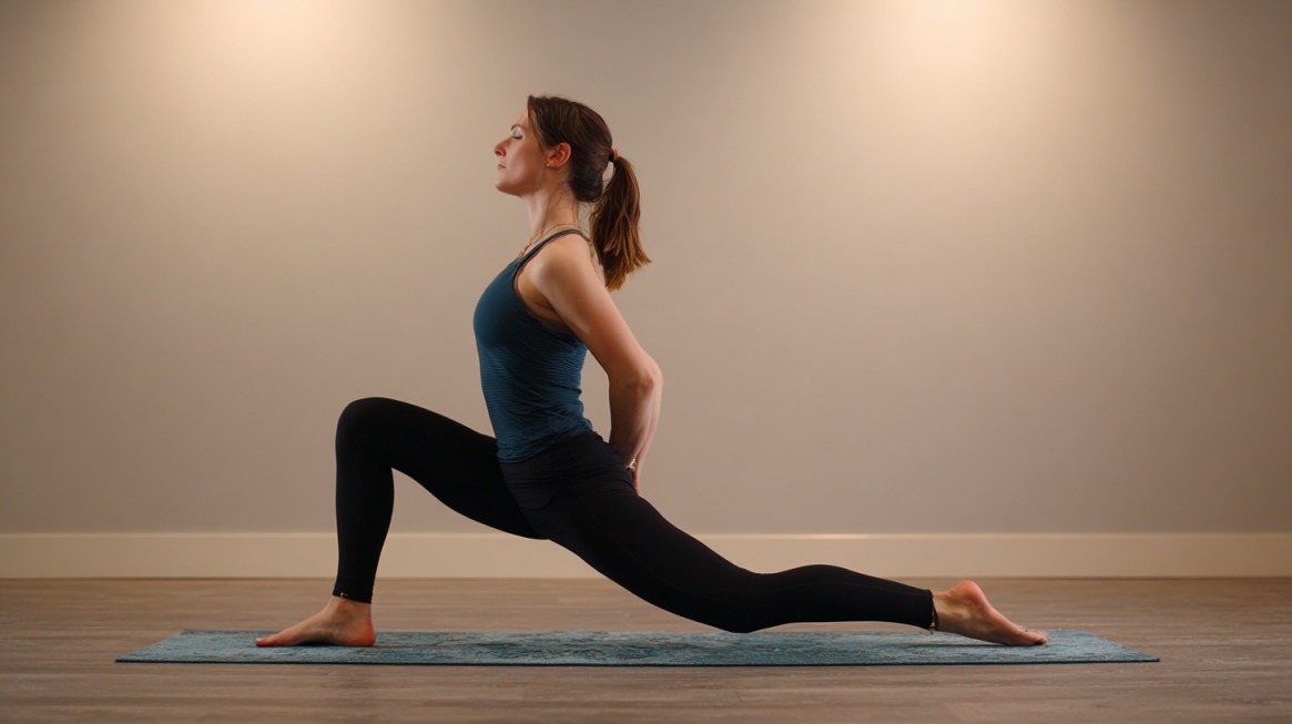 Woman practicing low lunge pose on a yoga mat indoors, stretching hips and lifting chest