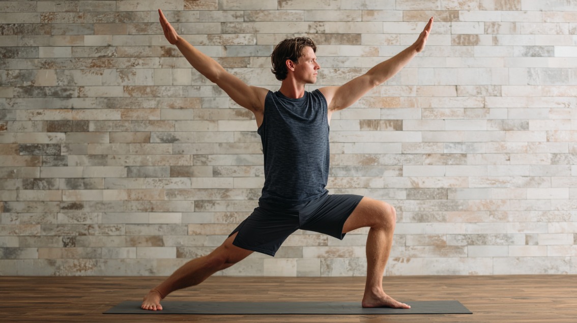 A man practicing Warrior I Pose (Virabhadrasana I) on a yoga mat indoors