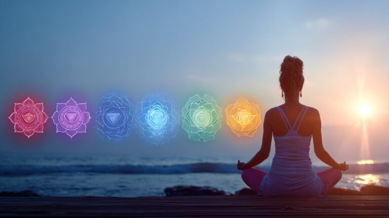 Woman meditating by the ocean at sunrise with seven colorful chakra symbols aligned in front of her